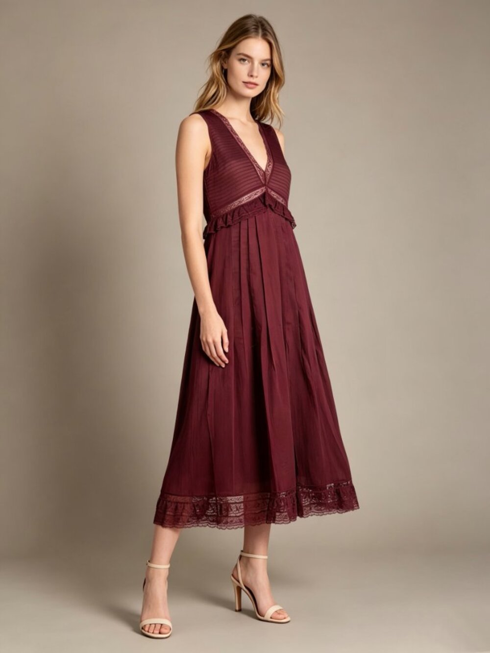 $687 NWOT SEE BY CHLOÉ Lace Ruffles Midi Dress Red V-Neck Sleeveless Size 40